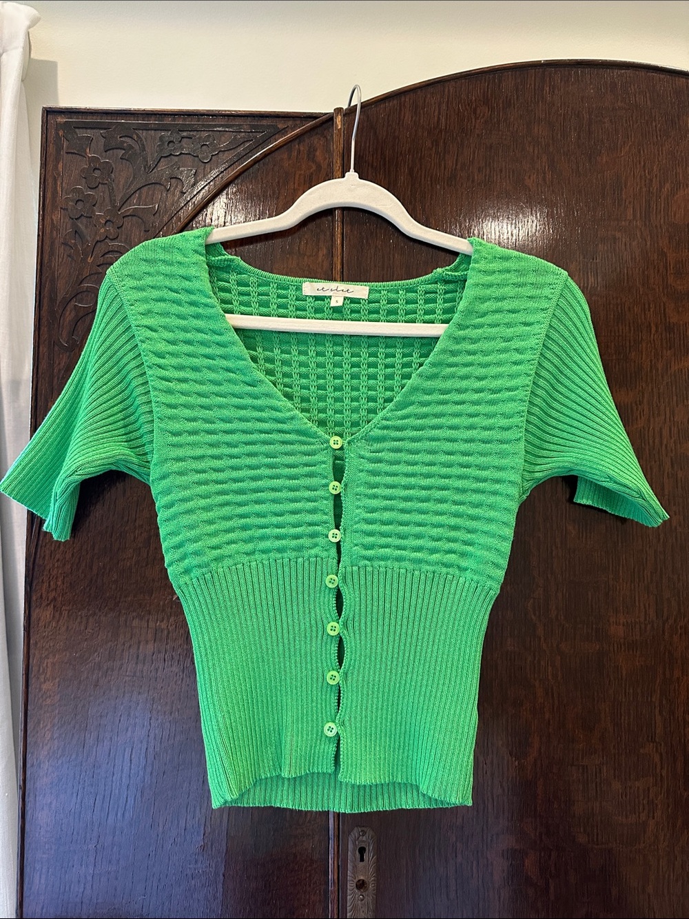 Textured V-Neck Button-Front Knit Top - Green